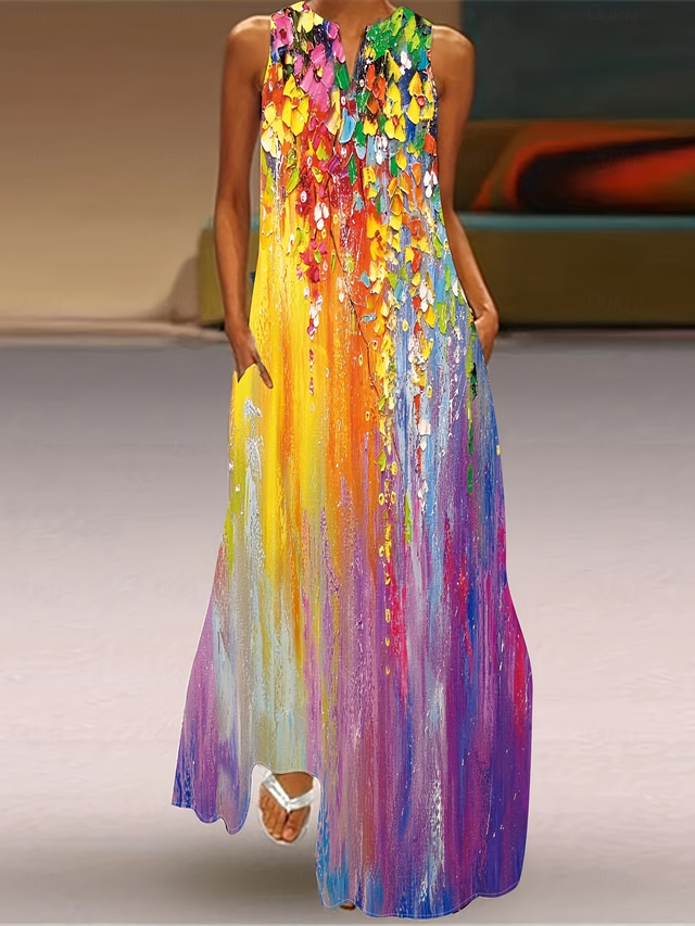  Damen Maxikleid A Linie Kleid Sommerkleid Urlaub Lässig Boho Täglich Ferien Lässiger Schnitt Blumen Grafik Ärmellos V Ausschnitt Purpur Sommer