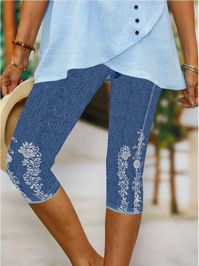  Women's Leggings Capri Pants High Elasticity Vacation Vintage Fashion Calf-Length Mid Waist Floral Graphic Printing Breathable Soft Stretchy Vacation Casual Daily Robin's Egg Blue Summer Spring