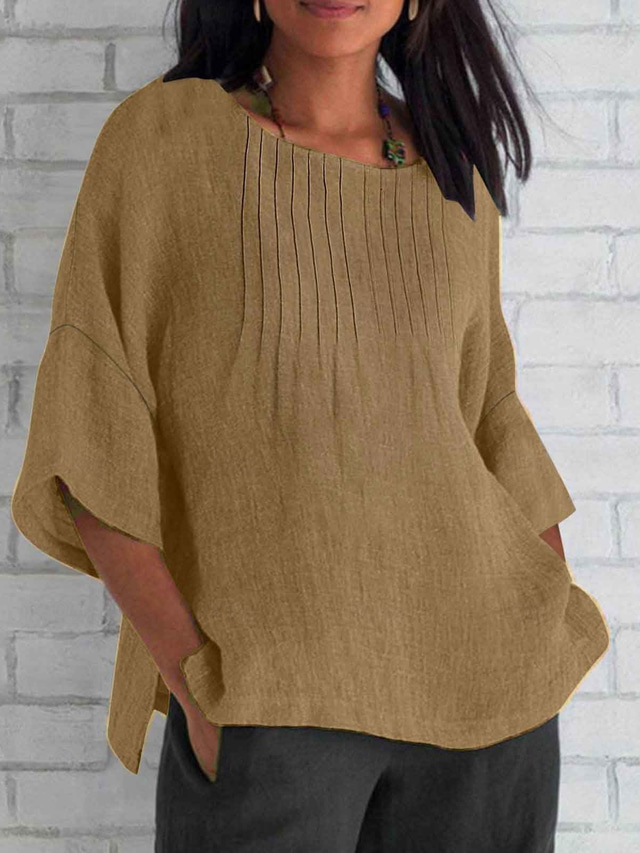  Women's Cotton Linen Blouse Solid Color Elegant Casual Short Sleeve Crew Neck Regular Tops Daily Holiday Pleated Pink Blue Green Khaki Beige Summer