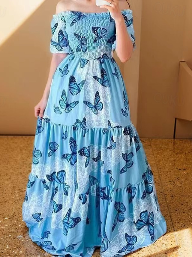  Women's Long Dress Maxi Dress Cocktail Dress Floral Dress Print Dress Fashion Modern Holiday Date Tea Party Regular Fit Flower Short Sleeve Off Shoulder Light Pink Bright pink Pink Red Summer