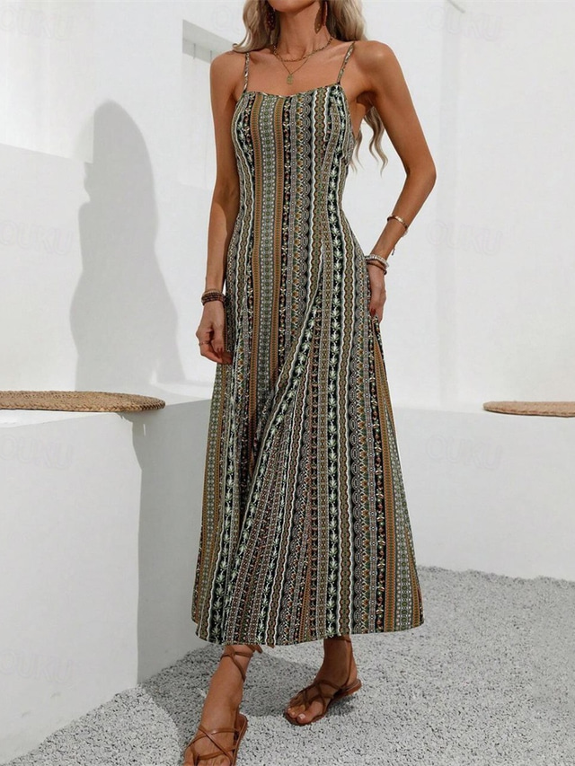  Women's Midi Dress Casual Dress Summer Dress Slip Dress Boho Dress Elegant Fashion Modern Daily Beach Weekend Regular Fit Striped Sleeveless V Neck Red Green Summer