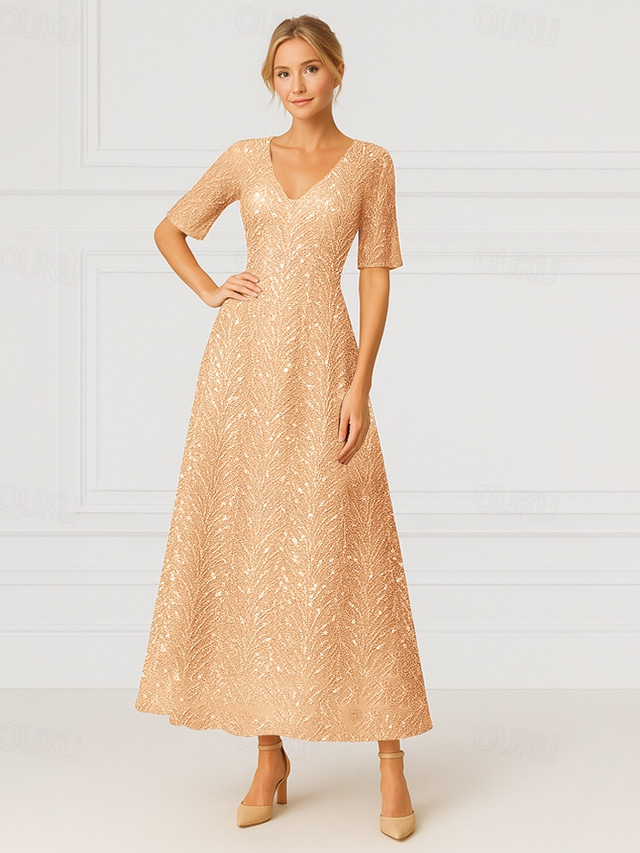  Blue Beaded A-Line Dress Mother of the Bride Dress Elegant Vintage V Neck Ankle Length Tulle Short Sleeve with Sequin Embroidery