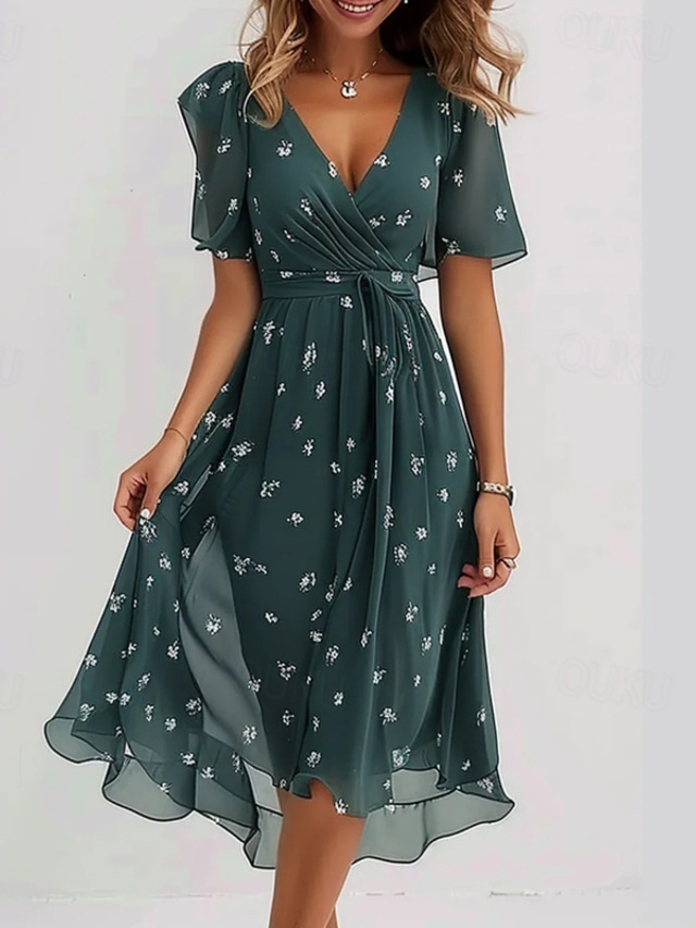 Women's Mini Dress Cocktail Dress Floral Dress Fashion Modern Outdoor Vacation Holiday Regular Fit Flower Short Sleeve V Neck Light Green Red Navy Blue Royal Blue Summer