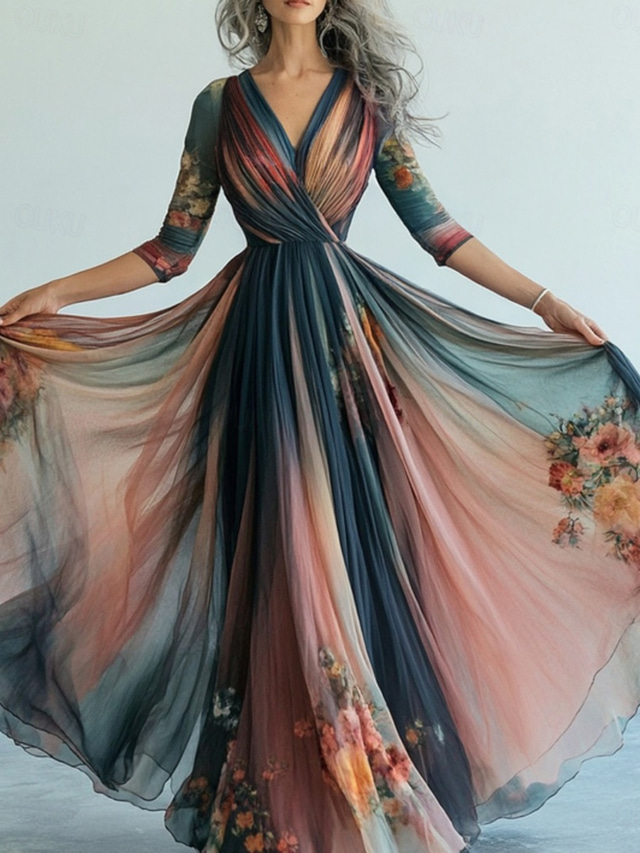  Women's Long Dress Maxi Dress Casual Dress Swing Dress Floral Dress Summer Dress Boho Dress Vintage Vacation Daily Holiday Regular Fit Floral Long Sleeve V Neck Blue Summer