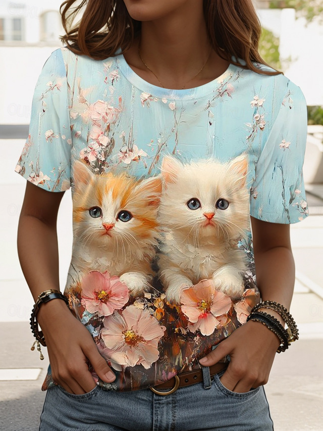  Women's T Shirt Graphic Animal Stylish Classic Casual Short Sleeve Crew Neck Regular Tops Daily Weekend Print Blue Summer Spring