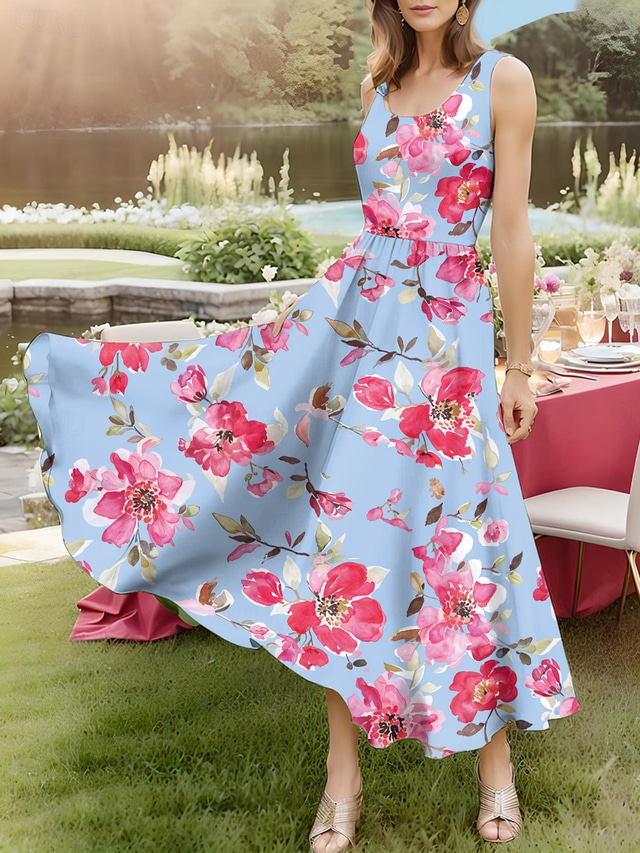  Femmes Robe Midi Robe d'Été Robe trapèze Robe à épaules dénudées Vacances Fête Anniversaire Extérieur Soirée Sortir Coupe Standard Fleuri Graphique Sans manches Col en U Bleu Clair Rouge Bleu Ciel