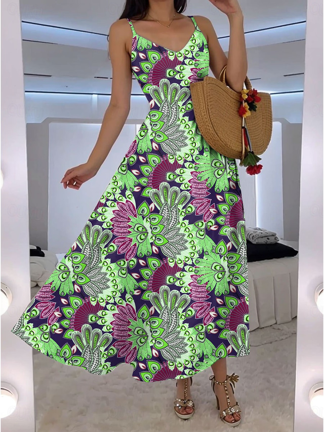  Damen Maxikleid A Linie Kleid Unterkleid Urlaub Lässig Outdoor Ausgehen Normale Passform Grafik Stammes Ärmellos V Ausschnitt Blau Orange Grün Sommer Frühling