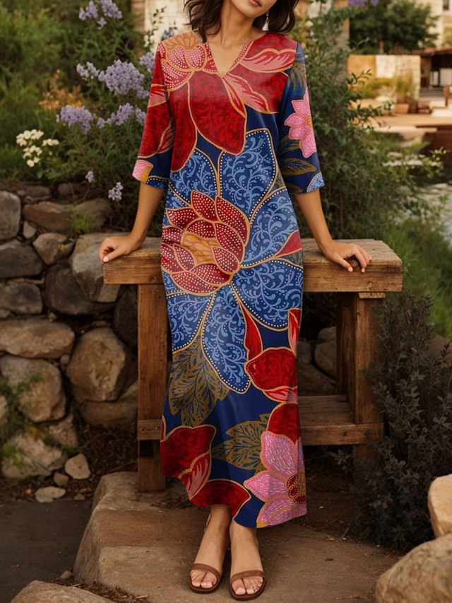  Damen Maxikleid T-Shirt-Kleid Shiftkleid Urlaub Strand Outdoor Ausgehen Standard Passform Blumen Grafik Halbarm V Ausschnitt Rote Sommer Frühling