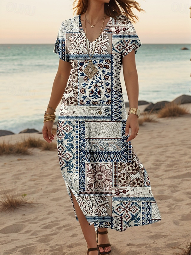  Femmes Robe Midi Robe d'Été Robe trapèze Robe d'été Vacances Occasionnel Quotidien Coupe régulière Fleuri Graphique Manche Courte Col en V Bleu Été Printemps Automne