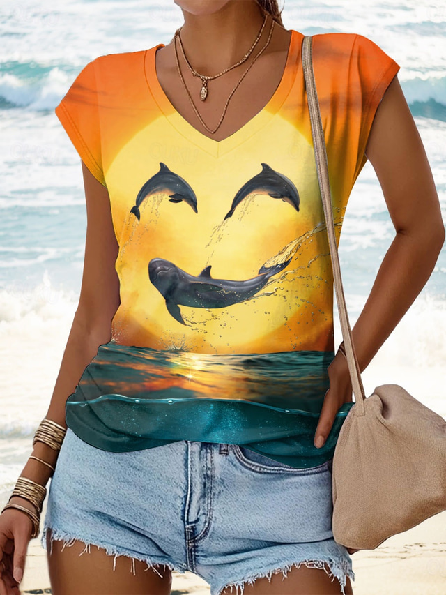  Camiseta sin mangas con estampado de delfín de Vincent Hie para mujer, estilo casual, sin mangas, cuello en V, con estampado diario, color amarillo, para verano y primavera.