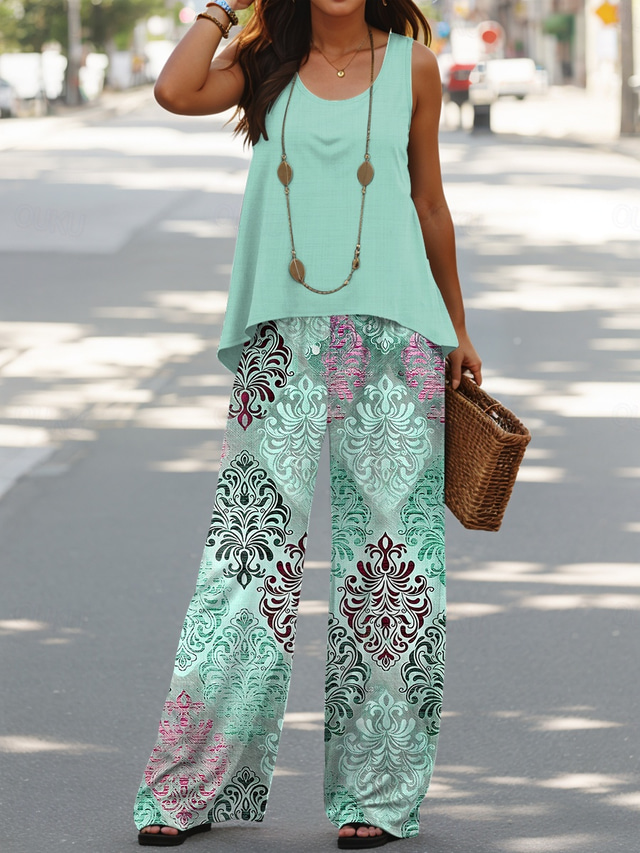  Damesbroeken Sets Vakantie Dagelijks Mouwloos U-Hals Grafisch Geometrisch Casual Dagelijks Blauw Groen Khaki Zomer Regular Fit