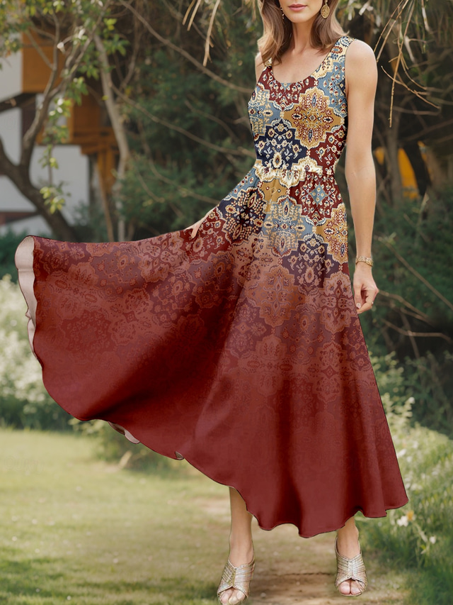  Per donna Abito Midi Vestito Estivo Abito a trapezio Abito a spalle scoperte Vacanza Casual Uscire Vestibilità standard Grafico Geometrico Senza Maniche Collo a U Vino Estate