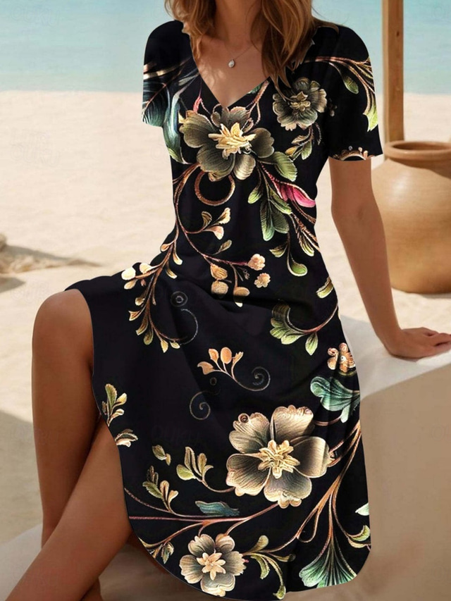 Women's Midi Dress Casual Dress Skater Dress Summer Dress Fashion Modern Daily Beach Weekend Regular Fit Floral Short Sleeve V Neck Black White Blue Purple Summer