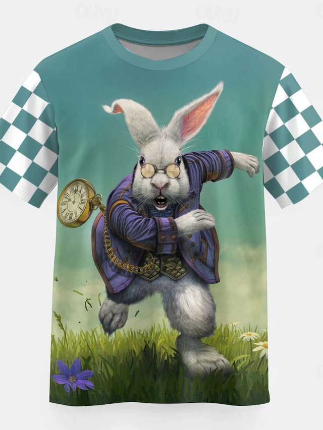  White Rabbit VINCENT HIE Men's Rabbit T Shirt Short Sleeve T shirt 3D Print Crew Neck Shirt Fashion Exaggerated Daily Party Street Casual Green Summer Spring All Seasons Clothing Apparel S M L XL XXL
