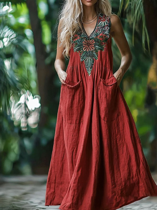  Women's Midi Dress Vintage Dress Boho Dress Print Dress Western Dress Vintage Classic Vacation Holiday Going out Regular Fit Flower Sleeveless V Neck Red Summer