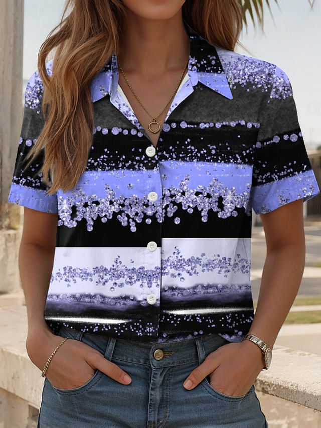  Women's Shirt Graphic Geometric Daily Casual Short Sleeve Shirt Collar Regular Tops Daily Pink Blue Green Summer Spring