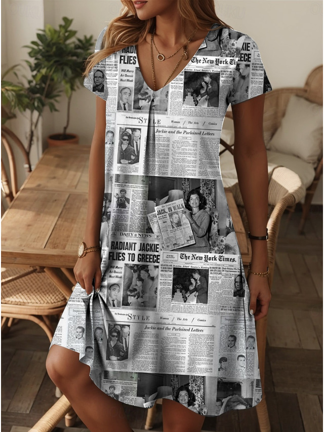  Damskie Sukienka mini Sukienka letnia Sukienka A line Letnie sukienki Urlop Codzienny Boho Codzienny Regularny Graficzny Krótki rękaw Półgolf Niebieski Szary Lato