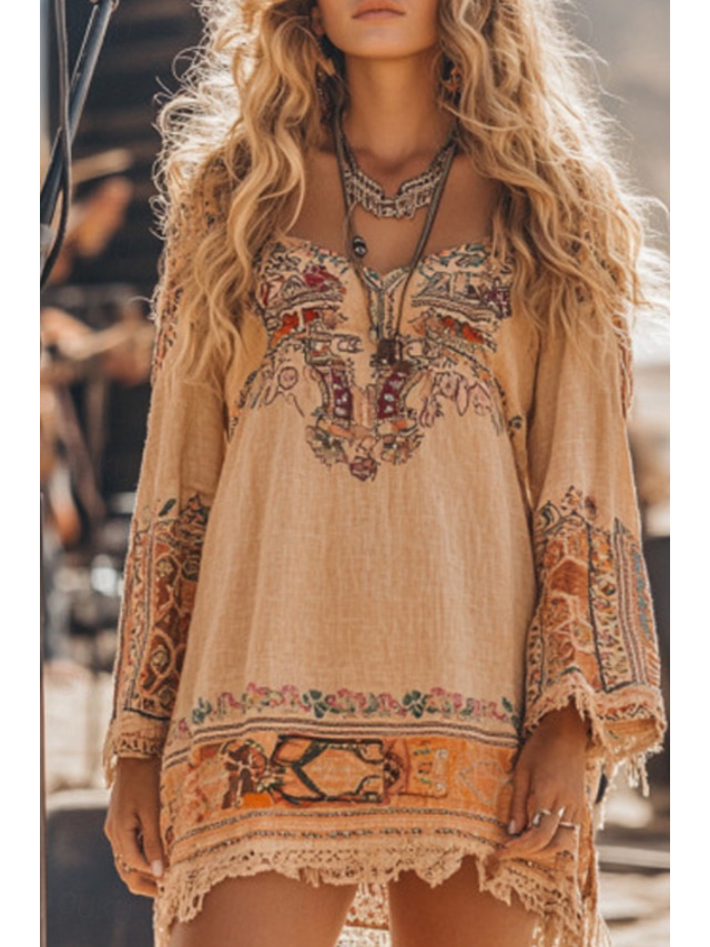  Women's Mini Dress Boho Dress Western Dress Classic Modern Outdoor Vacation Going out Regular Fit Flower Long Sleeve V Neck Khaki Summer