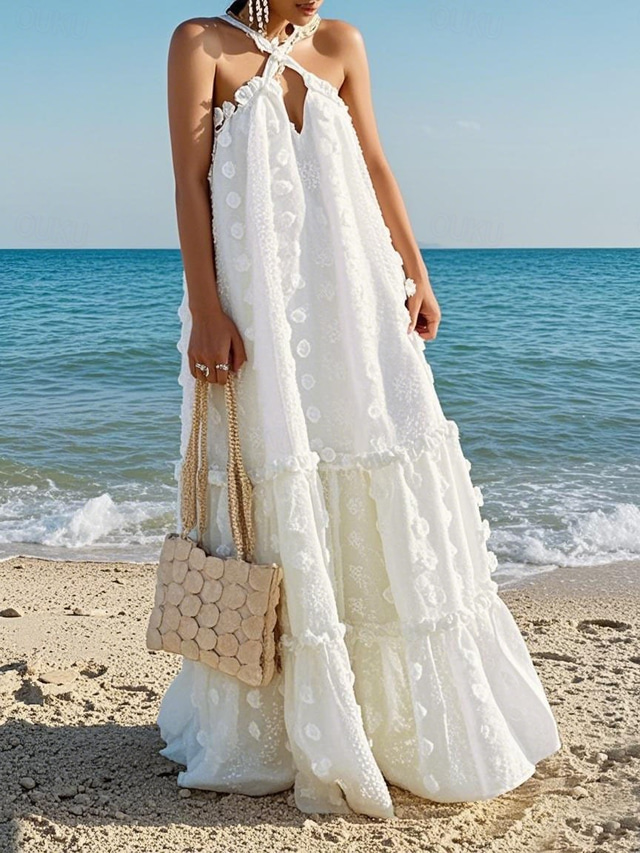  Women's Long Dress Maxi Dress White Dress Sundress Halter Neck Dress Elegant Fashion Romantic Holiday Going out Beach Loose Fit Flower Pure Color Sleeveless Deep V White Blue Summer