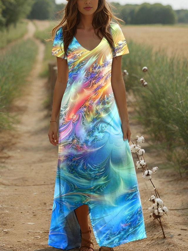  Pentru femei Rochie Maxi Rochii Tricou Rochie A line Vacanță Casual Boho În aer liber Ieșire Potrivire Largă Ombre Grafic Manșon scurt În V Albastru piscină Vară