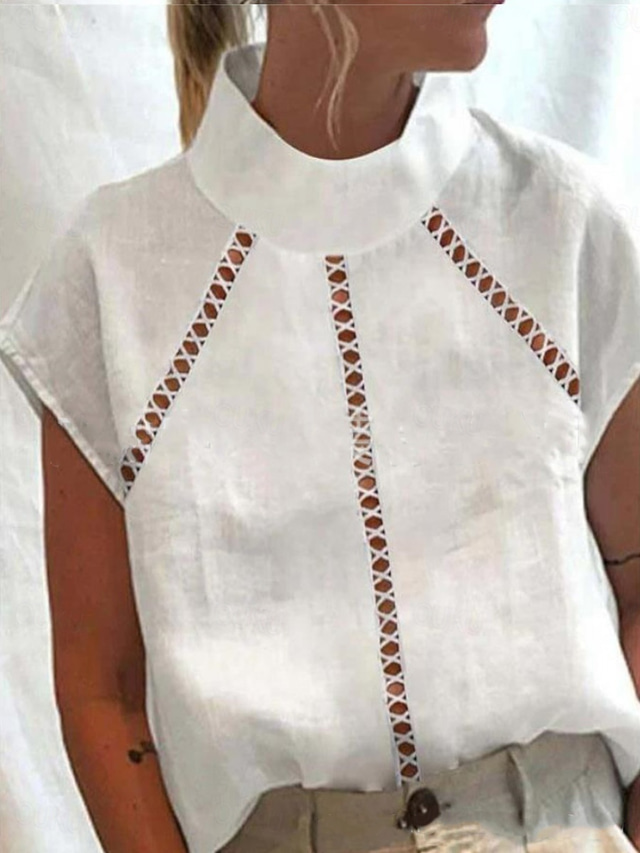  Women's Cotton Linen/Linen Like Shirt Solid Color Bohemia Daily Stylish Long Sleeve Shirt Collar Regular Tops Daily Holiday Going out Patchwork White Summer Spring