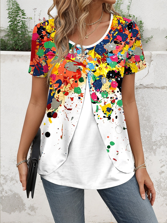  Women's T Shirt Graphic Geometric Elegant Vintage Stylish Short Sleeve Crew Neck Regular Tops Daily Going out Patchwork Buttons Tiered White Summer Spring