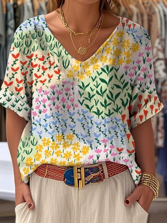  Women's T Shirt Graphic Geometric Color Block Bohemia Vintage Tropical Short Sleeve V Neck Regular Tops Daily Weekend Print Yellow Orange Summer Spring