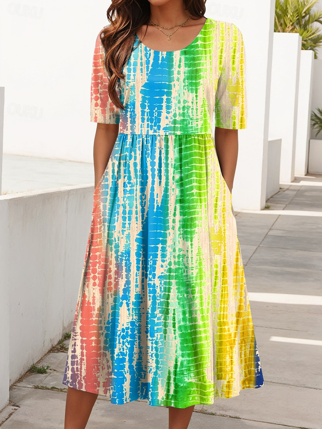  Damskie Sukienka midi Sukienka letnia Letnie sukienki Urlop Codzienny Codzienny Święto Regularny Graficzny Wzór tie-dye Rękaw 1/2 Półgolf Niebieski Lato