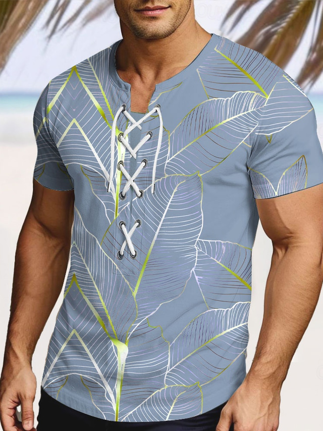  Men's Tropical Tropical Flowers Shirt Short Sleeve T shirt 3D Print Lace Up Neck Shirt Vacation Street Casual Daily Pink Blue Green Summer Spring Clothing Apparel S M L XL XXL XXXL