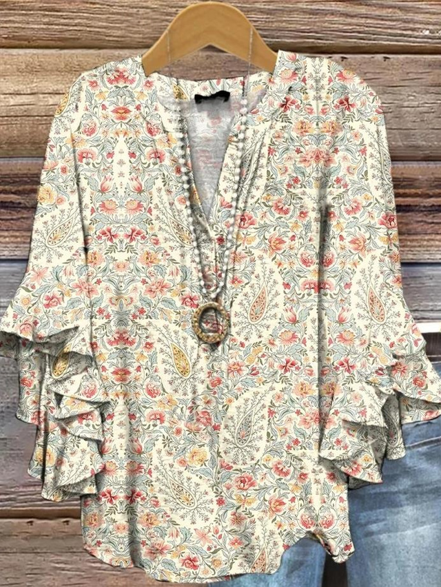  Women's Retro Blouse Layered Ruffle Sleeve Tops Vintage Floral Graphic Bohemia Vintage Daily 3/4 Length Sleeve Regular Tops Daily Holiday Vacation Wear Print Red Blue Beige Summer Spring Fall
