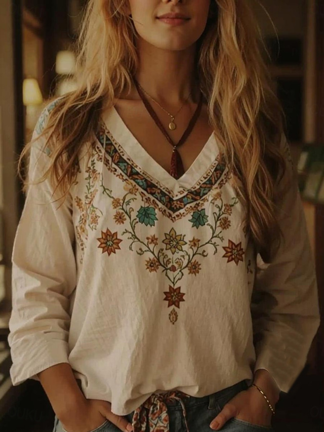  Women's Boho Blouse Floral Graphic Bohemia Vintage Tropical 3/4 Length Sleeve V Neck Regular Tops Beige Summer Spring