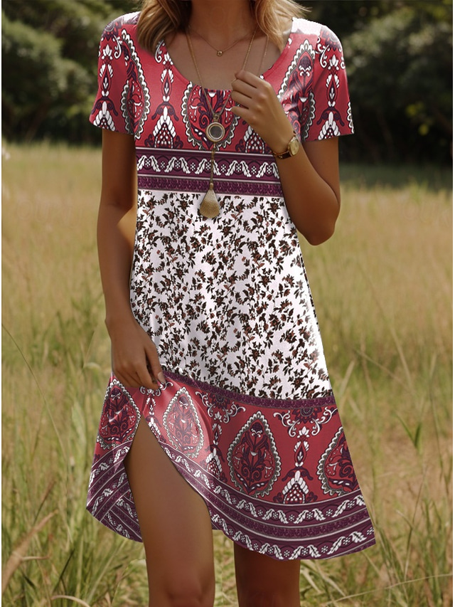  Damen Minikleid T-Shirt-Kleid Sommerkleid Shiftkleid Urlaub Lässig Boho Party Strand Standard Passform Blumen Grafik Stammes Kurzarm Rundhalsausschnitt Gelb Rote Blau Purpur Sommer Frühling