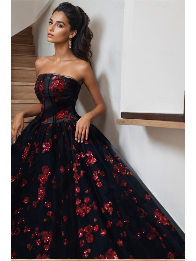 A-Line Evening Gown Floral Dress Formal Wedding Guest Court Train Sleeveless Strapless Tulle with Bow(s) Slit
