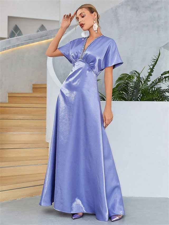  Wedding Dresses A-Line V Neck Short Sleeve Floor Length Satin Bridal Gowns With Beading Solid Color 2025