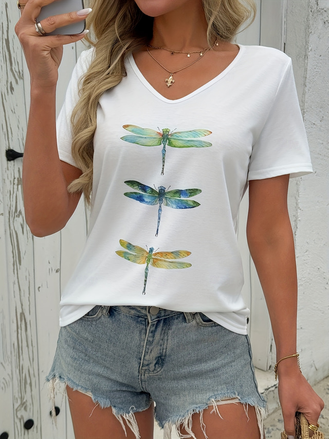  Women's T Shirt Graphic Animal Stylish Casual Short Sleeve V Neck Regular Tops Daily Print White Summer