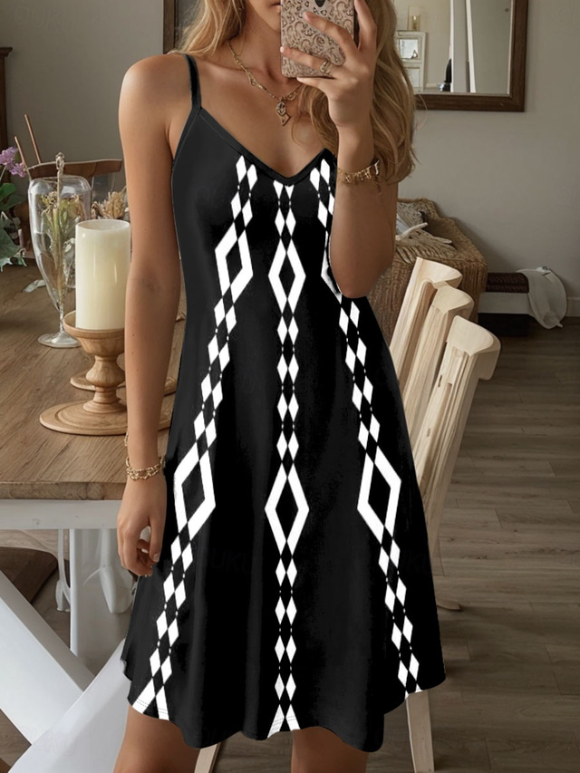  Dámské Mini šaty Letní šaty Áčkové šaty Slip Dress Šaty na rameno prázdniny Na běžné nošení Cikánský Jdeme ven Plážové Standardní uložení Grafika Geometrický Bez rukávů Do V Černá Léto