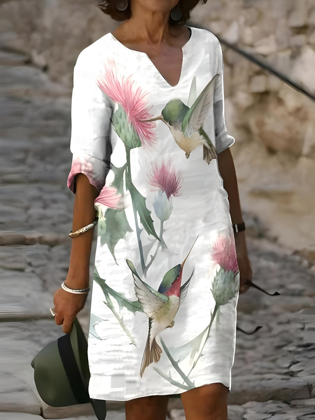  Damen Minikleid Shiftkleid Lässig Täglich Normale Passform Blumen Grafik Kurzarm Einkerbiger Ausschnitt Weiß Hellgrün Sommer Frühling