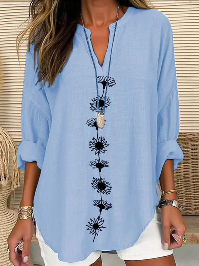  Damen Bluse Blumen Grafik Elegant Stilvoll Langarm V Ausschnitt Normale Oberteile Täglich Ferien Druck Weiß Blau Purpur Sommer Frühling