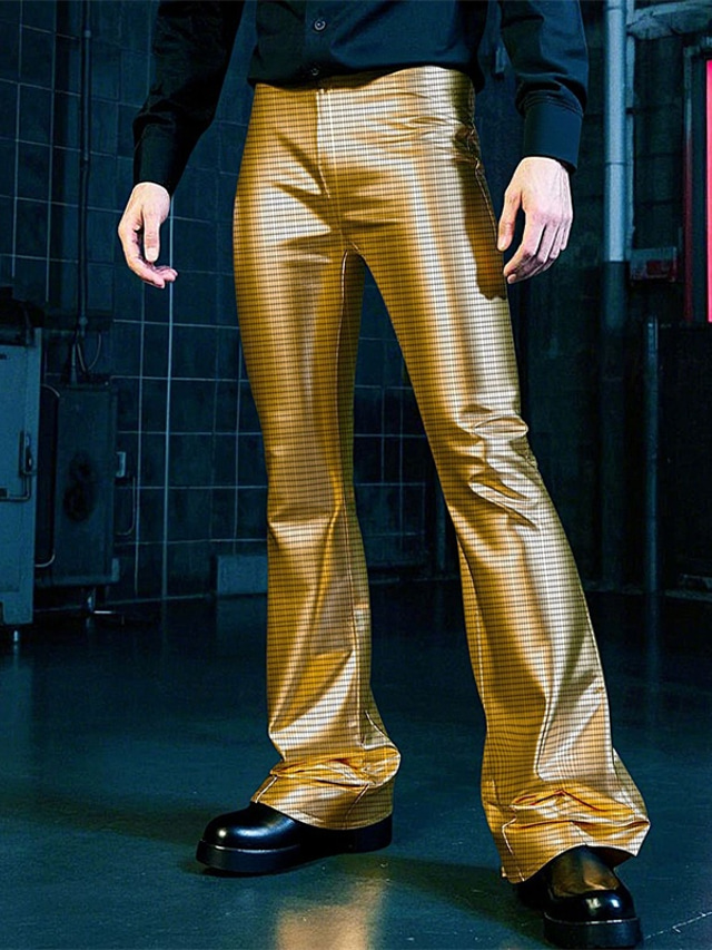  Men's Disco Pants Flared Pants Trousers Casual Pants Buttons Pocket Plain Comfort Party Stage Disco Lights Fashion Casual Gold Micro-elastic