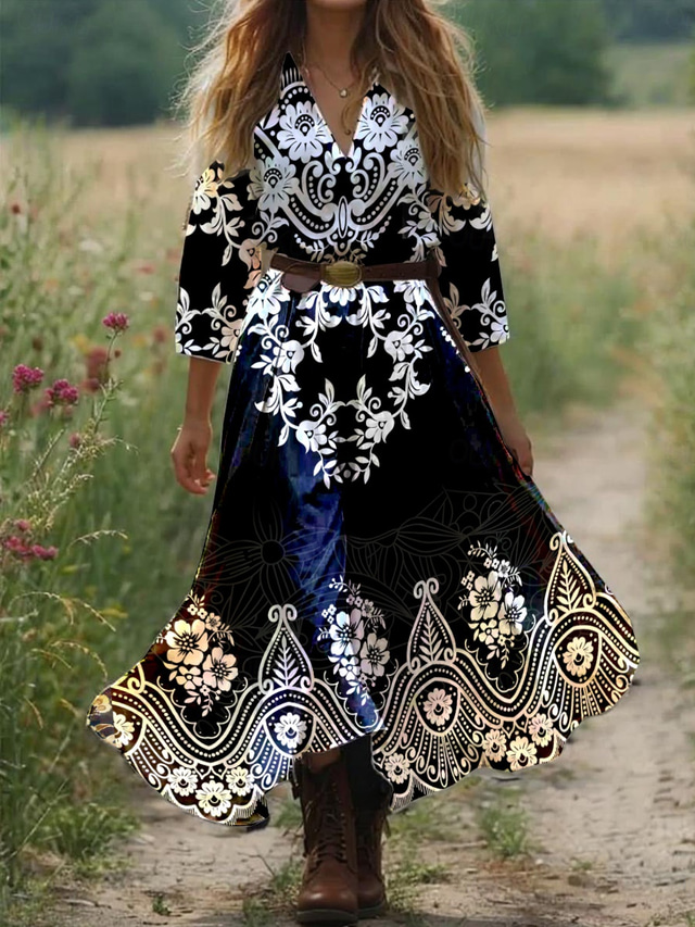  Dámské Boho šaty Západní šaty Vintage maxi šaty Sundress Záhybové šaty Dovolená Neformální Boho Vycházkové plážové Grafické Paisley Kmenové 3/4 délka rukávu V krku Černé Růžové Modré Oranžové Léto