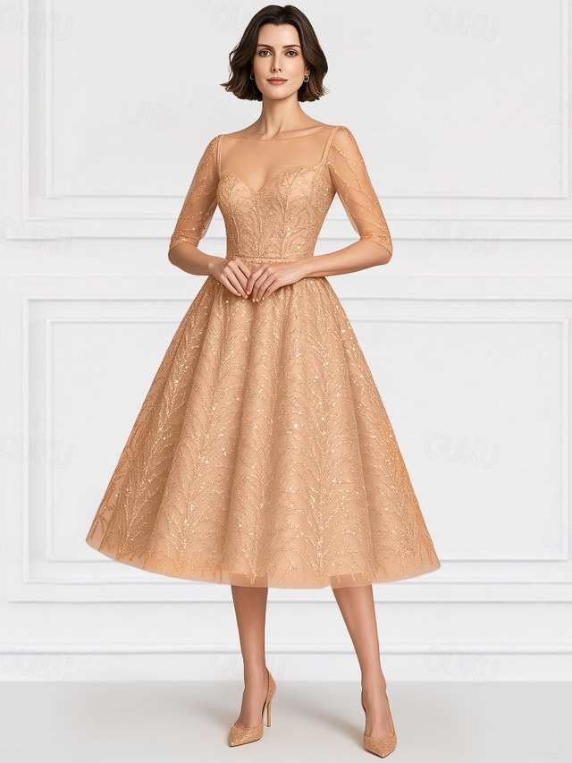  Blue A-Line Mother of the Bride Dress Elegant Vintage Illusion Neck Ankle Length Chiffon Half Sleeve with Sequin Embroidery