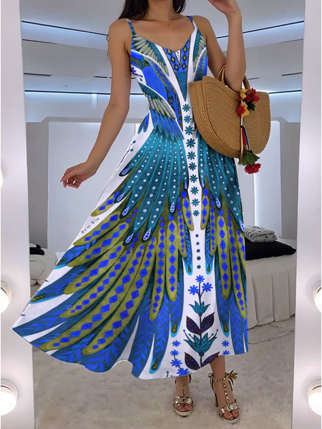  Damen Maxikleid A Linie Kleid Unterkleid Urlaub Lässig Boho Ausgehen Strand Normale Passform Blumen Grafik Feder Ärmellos V Ausschnitt Blau Orange Grün Rosa Sommer Frühling