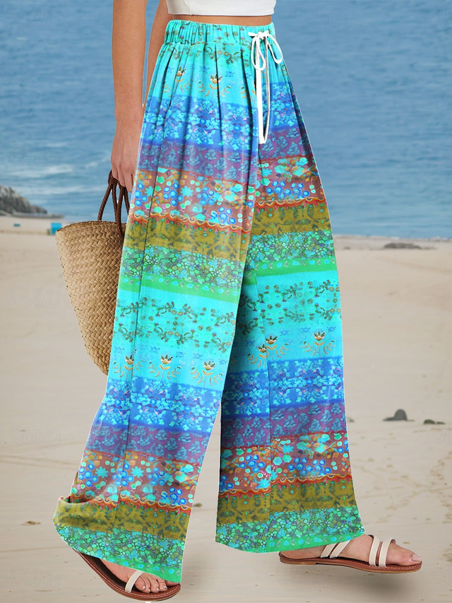  Women's Wide Leg Chinos Baggy Pants Vacation Fashion Ethnic Style Full Length High Waist Floral Graphic Printing Breathable Soft Micro-elastic Formal Vacation Street Pink Blue Summer Spring Loose Fit