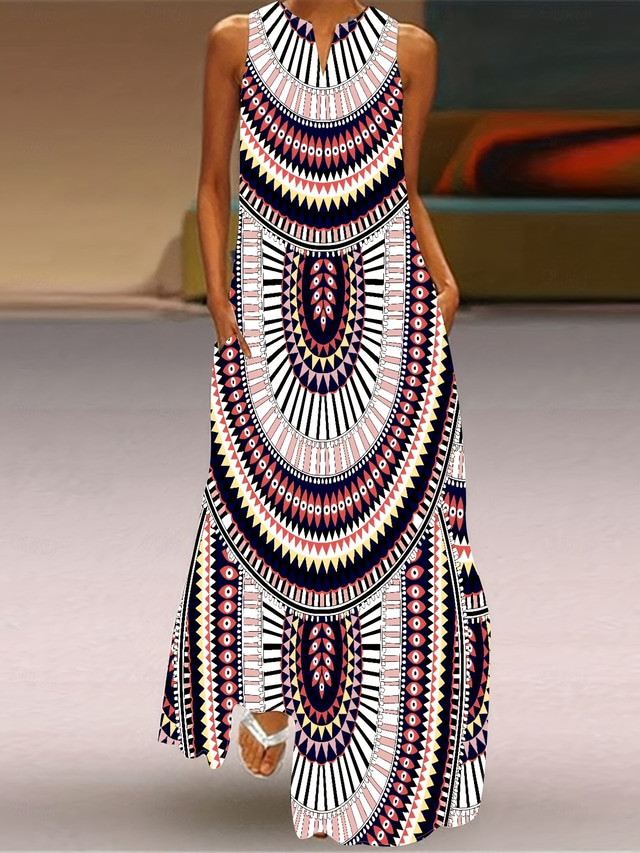  Damskie Sukienka maxi Sukienka A line Letnie sukienki Urlop Codzienny Boho Codzienny Święto Luźna Graficzny Plemienny Bez rękawów W serek Rumiany róż Lato