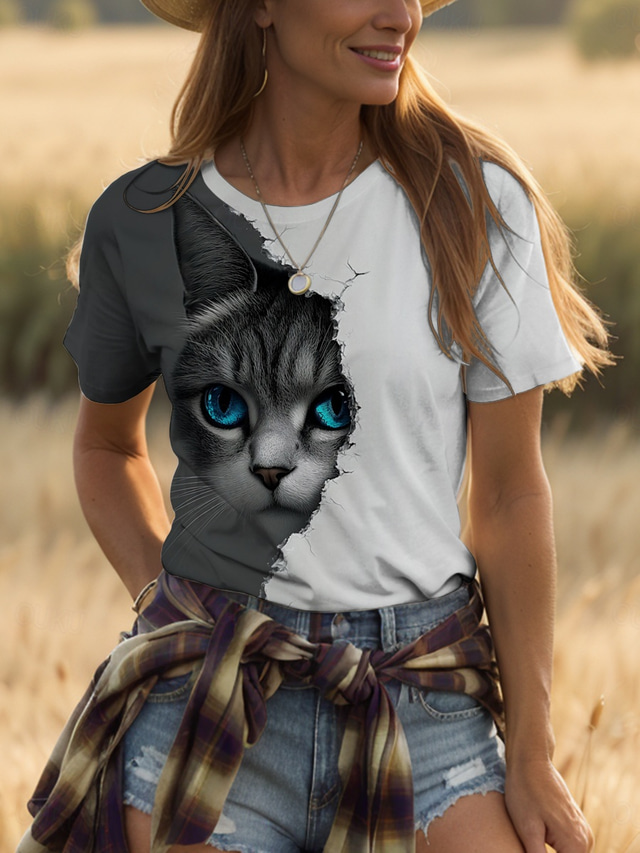  Women's T Shirt Graphic Animal Cat Vintage Stylish Classic Short Sleeve Crew Neck Round Neck Regular Tops Daily Weekend Print White and gray Summer Spring