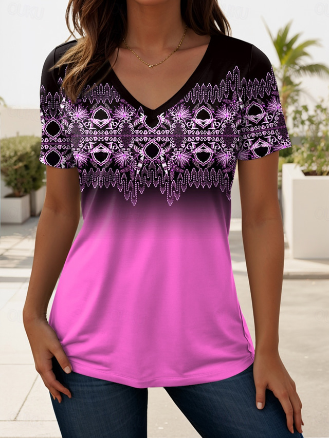 Women's T Shirt Ombre Graphic Geometric Vintage Stylish Casual Short Sleeve V Neck Regular Tops Daily Print Blue Purple Green Summer Spring