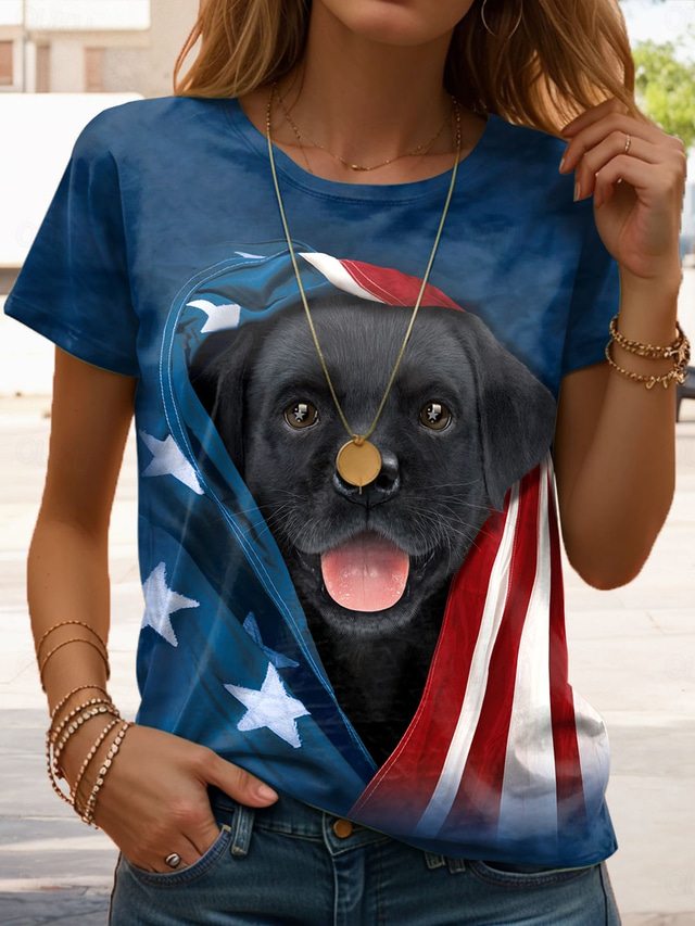  Patriotic black lab Puppy By Vincent Hie Women's T Shirt Graphic Animal Flag Vintage Stylish Classic Short Sleeve Crew Neck Round Neck Regular Tops Daily Print Blue Summer Spring