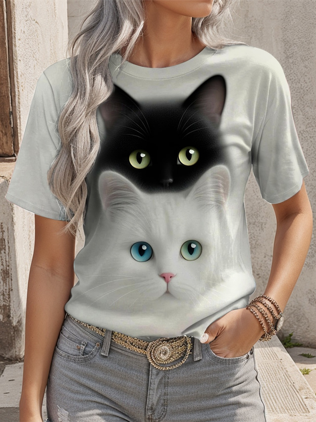  Women's T Shirt Graphic Animal Cat Vintage Stylish Classic Short Sleeve Crew Neck Round Neck Regular Tops Daily Print Gray Summer