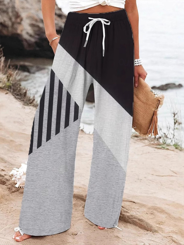  Women's Wide Leg Chinos Baggy Pants Vacation Vintage Fashion Full Length High Waist Graphic Geometric Abstract Drawstring Printing Soft Breathable Micro-elastic Vacation Causal Casual Black Grey