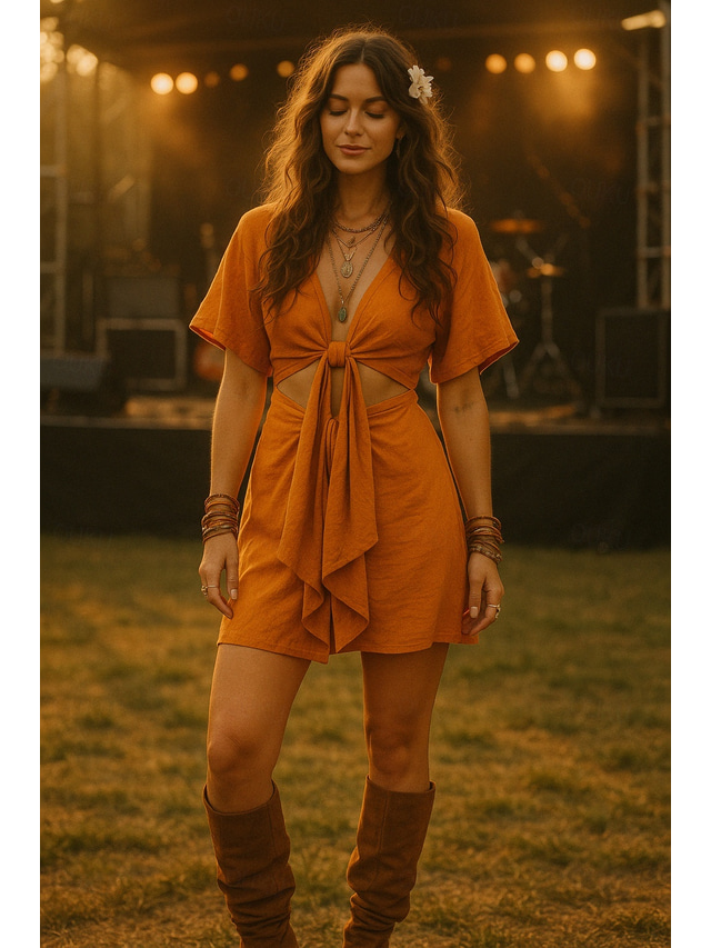  Women's Boho Dress Western Dress Vintage Mini Dress A Line Dress Casual Outdoor Beach Regular Fit Solid Color Half Sleeve Spaghetti Strap Orange Summer Spring